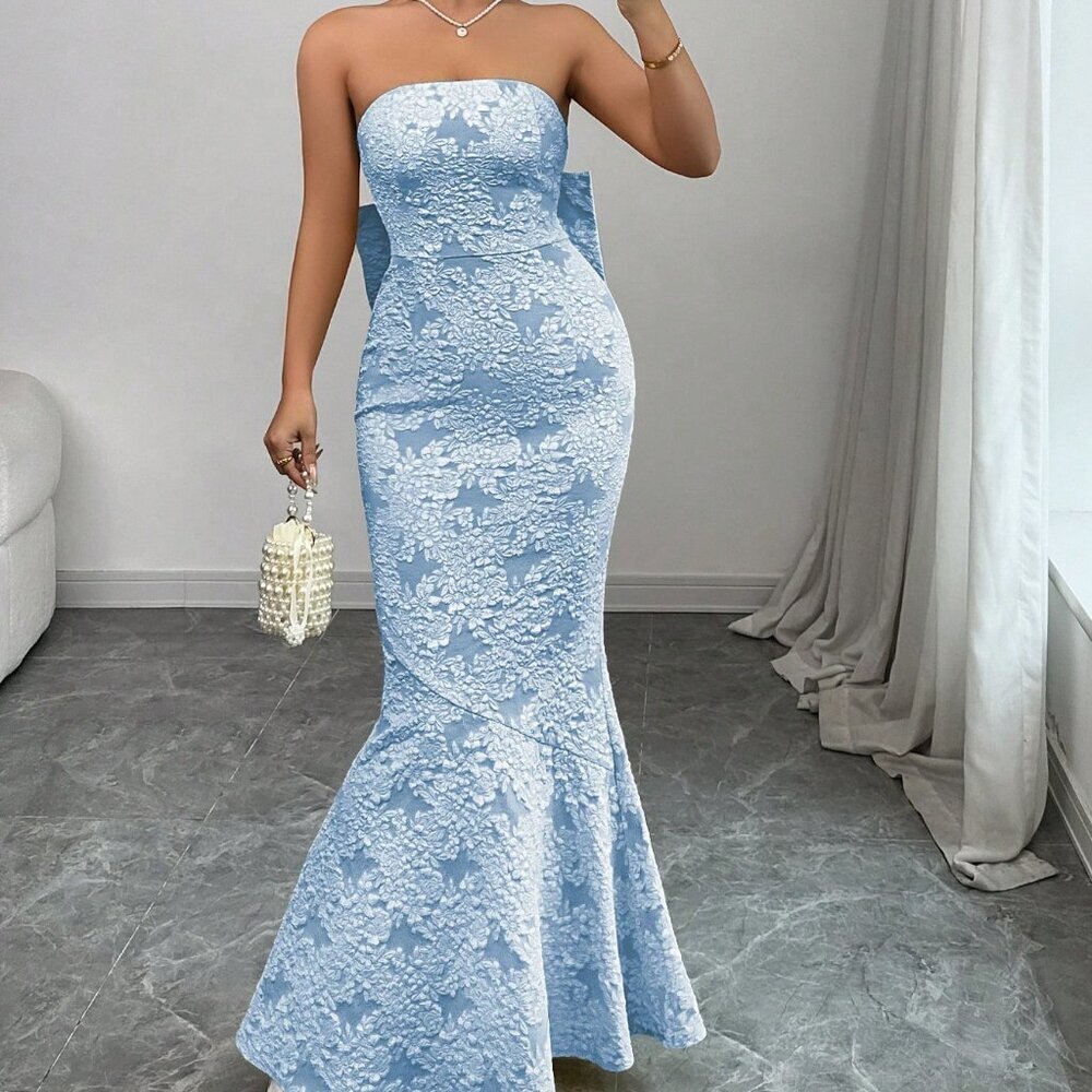 Blue Floral Textured Women's Party Embossed Strapless Prom Dress